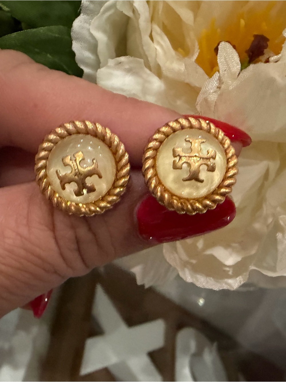 Tory Burch Gold Pearl-Accent Rope Button Earrings